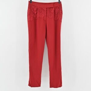 AIJEK Womens Red Pants Size S Lace Detail Straight Stretch‎ Mid Rise Trousers